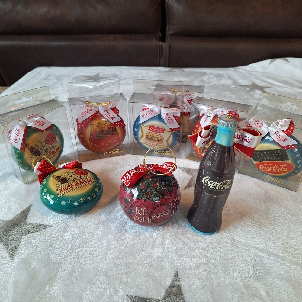 Coca-Cola Brand Decoupage Lot of 9 Christmas Ornaments Plastic Vintage Look